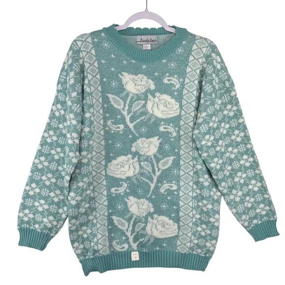 Vintage Private Eyes Teal Floral Rose Knit Sweater Metallic Lurex Crew Neck USA - Picture 1 of 8
